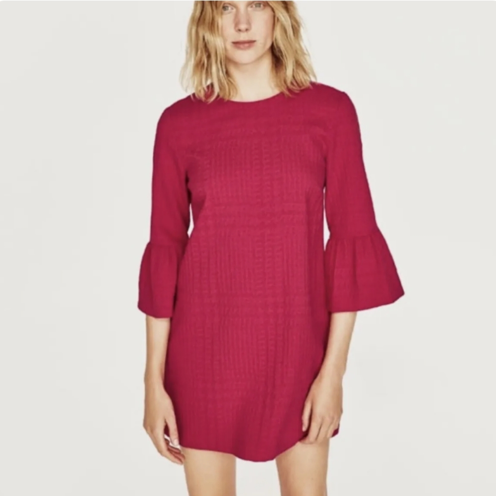 Zara Women Pink Textured Bell Sleeve Mini Dress Sz Med